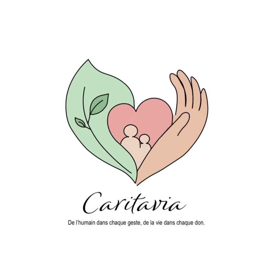 Logo Caritavia : deux mains et une feuille entourent un cœur où se tiennent un adulte et un enfant, avec la signature « De l'humain dans chaque geste, de la vie dans chaque don »