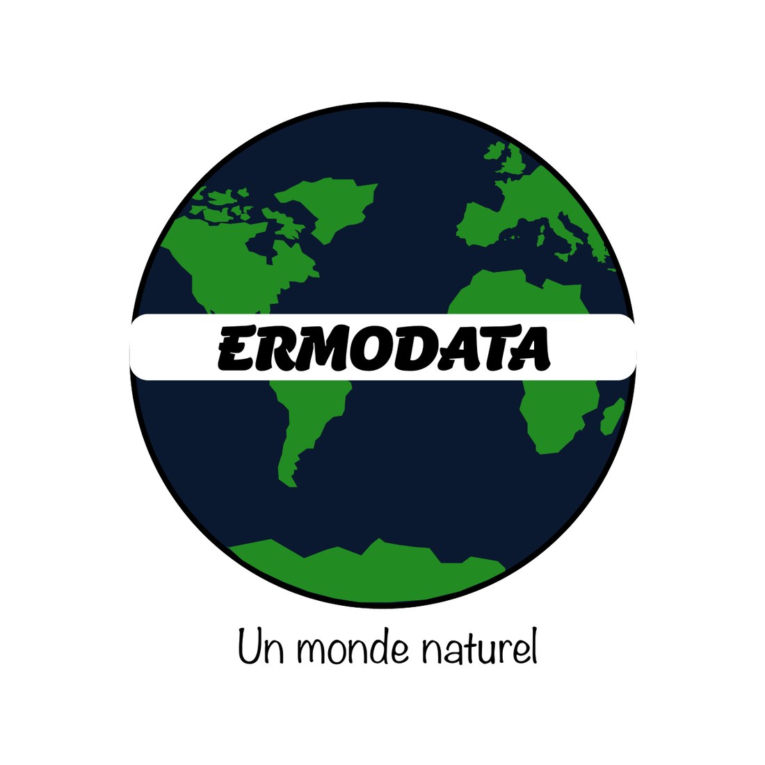 Logo ERMODATA : un globe bleu nuit aux continents verts, traversé par un bandeau blanc portant le nom, avec la signature « Un monde naturel »
