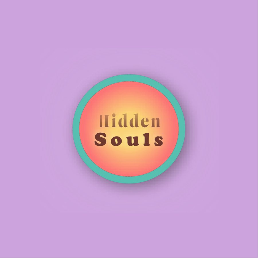 Logo Hidden Souls : un badge rond au dégradé orange et rose, bordé de turquoise, sur fond lilas