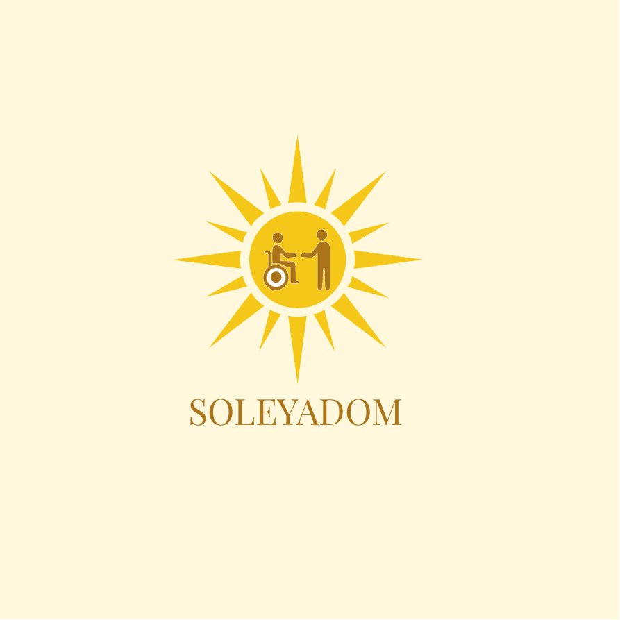 Logo principal SOLEYADOM : un soleil jaune entourant une aidante et une personne en fauteuil, avec le nom en dessous