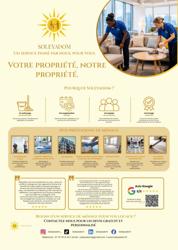 Plaquette commerciale SOLEYADOM pour le ménage en entreprise : « Votre propriété, notre propriété », avantages, prestations et avis clients